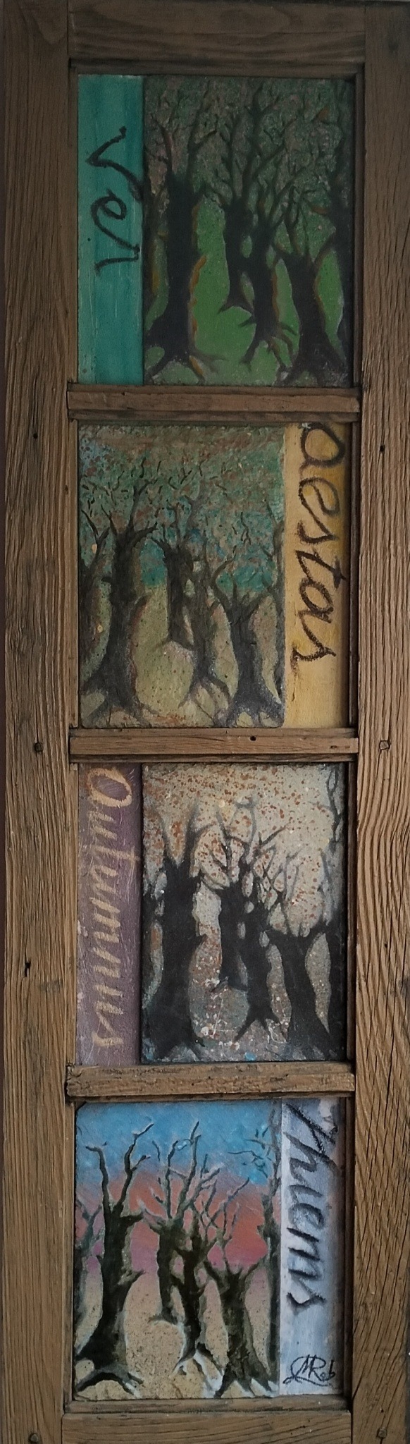 Las 4 estaciones
Aerosol y oleo sobre pizarra
140 x 29 cm. Precio- 300 €